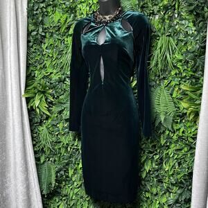 HOUSE OF CB Dress Women Small Green Denara Velvet‎ Velour Midi Cut Outs 2740
